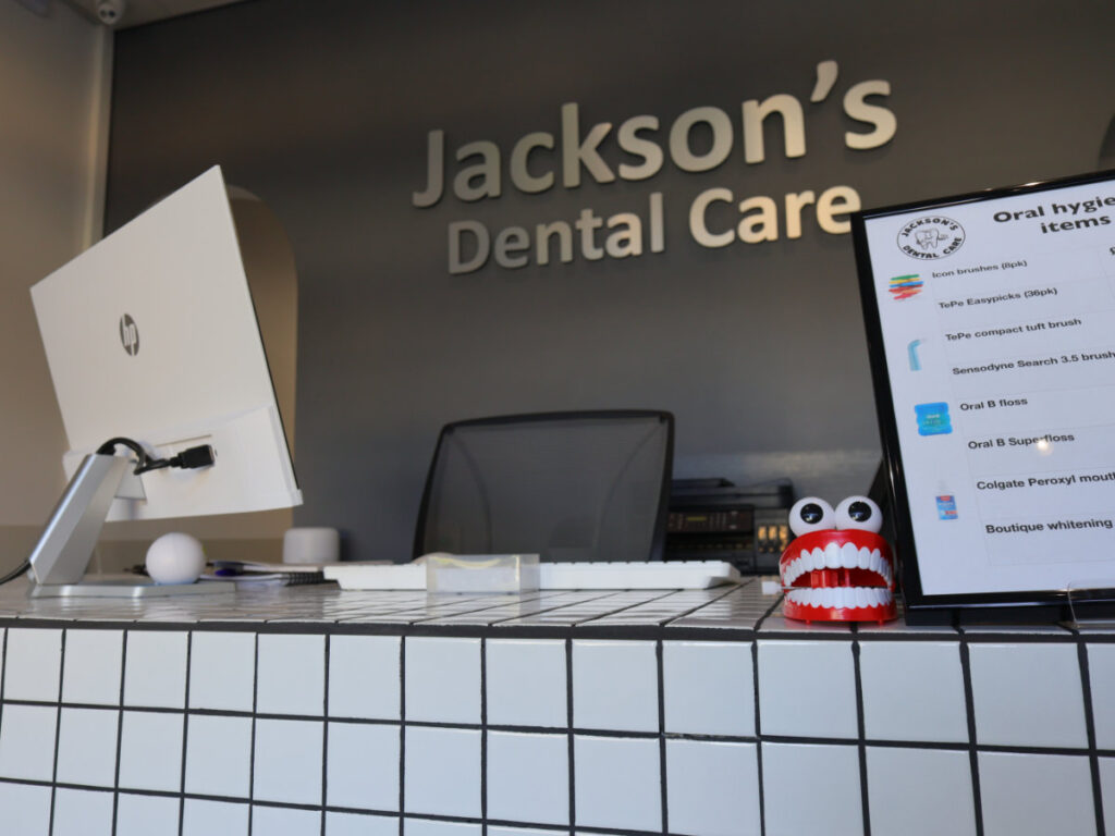 tiled desk and teeth in reception area